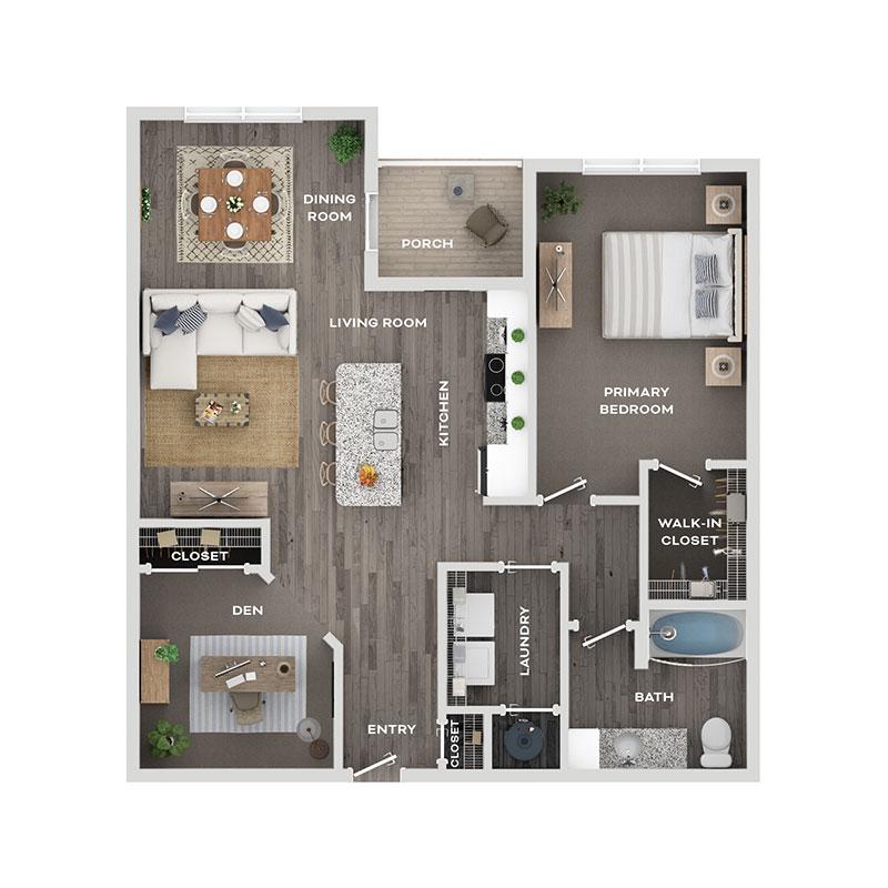 Floor plan for 2 beds, 1 bath, 957 sqft